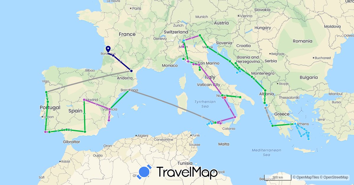 TravelMap itinerary: driving, bus, plane, train, hiking, boat in Albania, Spain, France, Greece, Croatia, Italy, Portugal (Europe)